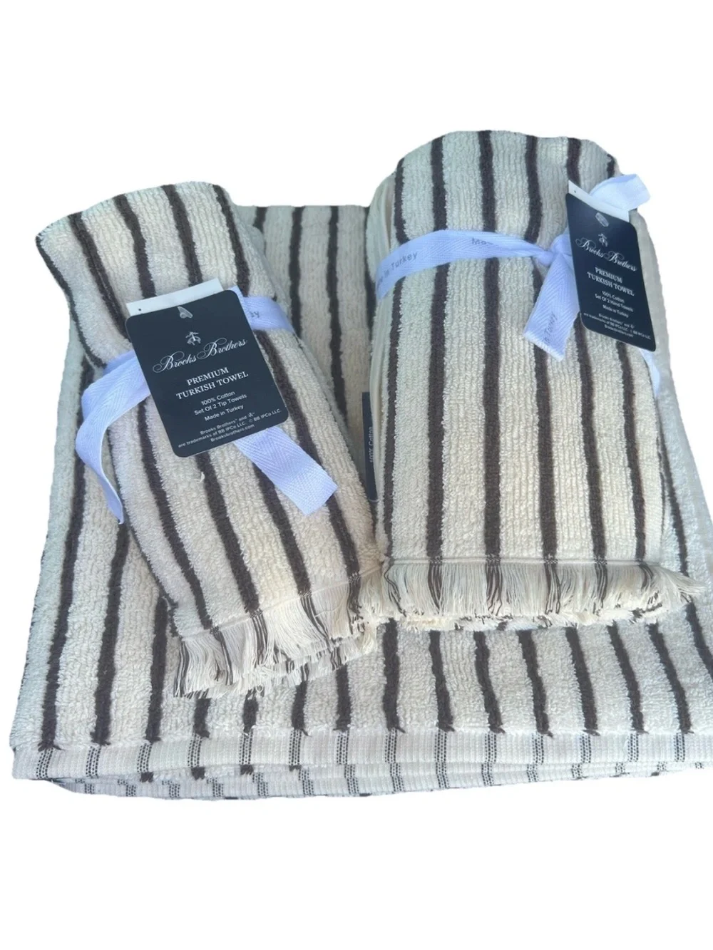 Brooks Brothers Turkish Bath Towel Set 6 pc Cream with brown stripe new rare
